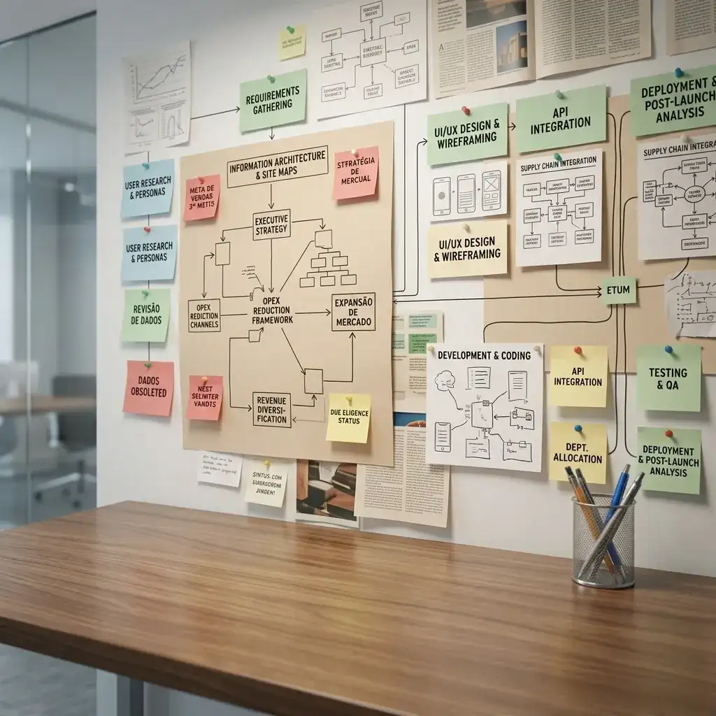 Quadro de cortiça em um escritório moderno com post-its coloridos, papéis e fluxogramas organizados sobre etapas de desenvolvimento, como arquitetura de informação, UI/UX design e testes, acima de uma mesa de madeira limpa.