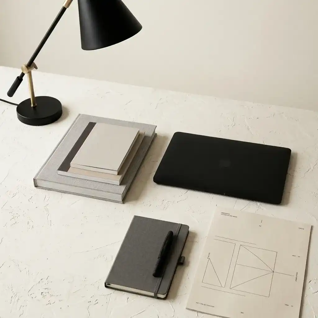 Vista superior de uma mesa branca minimalista da Ad Quem, organizada com um notebook preto fechado, cadernos, bloco de anotações com caneta preta, papéis impressos com diagramas e uma luminária de mesa preta articulada.